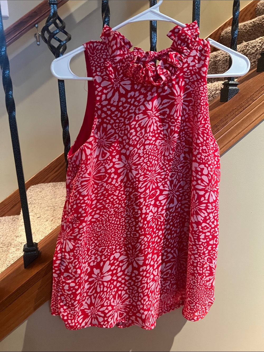 Gibson Red and White Floral Ruffle Neck Tank